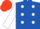 Royal Blue, White spots and sleeves, Scarlet cap