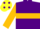 PURPLE, gold hoop on body and sleeves, yellow cap, purple spots