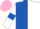 Royal blue and white (halved), white sleeves, royal blue armlets, pink cap
