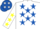 White, Royal Blue stars, White sleeves, Yellow stars and cap