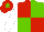 RED & LIGHT GREEN QUARTERED, white sleeves, red cap, light green star
