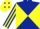 Dark Blue and Yellow diabolo, striped sleeves, Yellow cap, Dark Blue diamonds