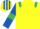 Yellow, Emerald Green epaulets, Royal Blue sleeves, Emerald Green armlets, Royal Blue and Yellow striped cap