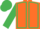 Orange, emerald green seams, sleeves and cap