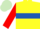 YELLOW, royal blue hoop, red sleeves, light green cap