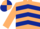Beige, dark blue chevrons, beige sleeves, quartered cap