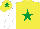Yellow, emerald green star, white sleeves, yellow cap, emerald green star