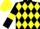 Black and yellow diamonds, black sleeves, yellow armlets, yellow cap