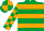 Emerald Green, Orange hoops, checked sleeves, quartered cap