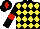 Black and Yellow diamonds, Black sleeves, Red armlets and diamond on Black cap