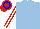 Light blue, red and white striped sleeves, red cap, white seams, blue hoop