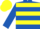 Royal blue, yellow hoops, royal blue sleeves, yellow cap