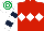 Red, White triple diamond, White and Dark Blue hooped sleeves, White and Emerald Green hooped cap