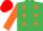EMERALD GREEN, orange spots, orange sleeves, red cap
