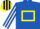 ROYAL BLUE, yellow hollow box, royal blue & white striped sleeves, black & yellow striped cap