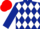 DARK BLUE and WHITE diamonds, DARK BLUE sleeves, RED cap