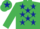 Emerald green, dark blue stars, emerald green sleeves, emerald green cap, dark blue star