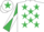 White, emerald green stars, emerald green and white diabolo on sleeves, white cap, emerald green star