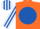 Orange, Royal Blue disc, White and Royal Blue striped sleeves and cap