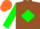 Brown, Green diamond and sleeves, Orange cap
