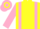 Yellow, pink braces and sleeves, hooped cap