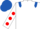White, Royal Blue Epaulettes, White sleeves, Red Spots, Royal Blue Cap