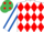 WHITE & RED DIAMONDS, white sleeves, royal blue seams, emerald green cap, red spots