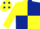 YELLOW & DARK BLUE QUARTERED, yellow sleeves, dark blue spots on cap