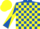 Royal blue and yellow check, diabolo on sleeves, yellow cap