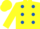 YELLOW, royal blue spots, yellow sleeves & cap