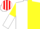 White and Yellow (halved), sleeves reversed, Red and White striped cap
