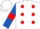 White, Red spots, Royal Blue sleeves, Red armlets, White cap