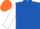 Royal blue, white sleeves, orange cap