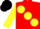 Red, large Yellow spots and sleeves, Black cap