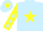 Light blue, yellow star, yellow sleeves, light blue stars, light blue cap, yellow star