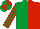 Emerald Green and Red (halved), striped sleeves, quartered cap