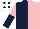 DARK BLUE & PINK HALVED, sleeves reversed, white cap, dark blue spots