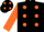 BLACK, orange spots, orange sleeves, black cap, orange spots