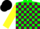 GREEN and MAROON check, YELLOW sleeves, BLACK cap