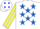 WHITE,royal blue stars,yellow & white striped slvs,white cap,blue diamonds