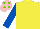 YELLOW, royal blue sleeves, pink cap, light green spots