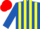 Royal blue and yellow stripes, red cap