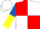 RED & WHITE QUARTERED, royal blue & yellow halved sleeves, white cap