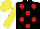 BLACK, red spots, yellow sleeves & cap