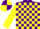 PURPLE & YELLOW CHECK, yellow sleeves, purple armlet, quartered cap