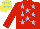 Red, Light Blue stars, Yellow cap, Light Blue stars