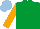 Emerald Green, Orange sleeves, Light Blue cap