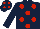 DARK BLUE, red spots, dark blue sleeves, dark blue cap, red spots