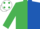 EMERALD GREEN and ROYAL BLUE (halved), EMERALD GREEN sleeves, WHITE cap, EMERALD GREEN spots