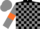 BLACK and GREY check, GREY sleeves, ORANGE armlets, GREY cap